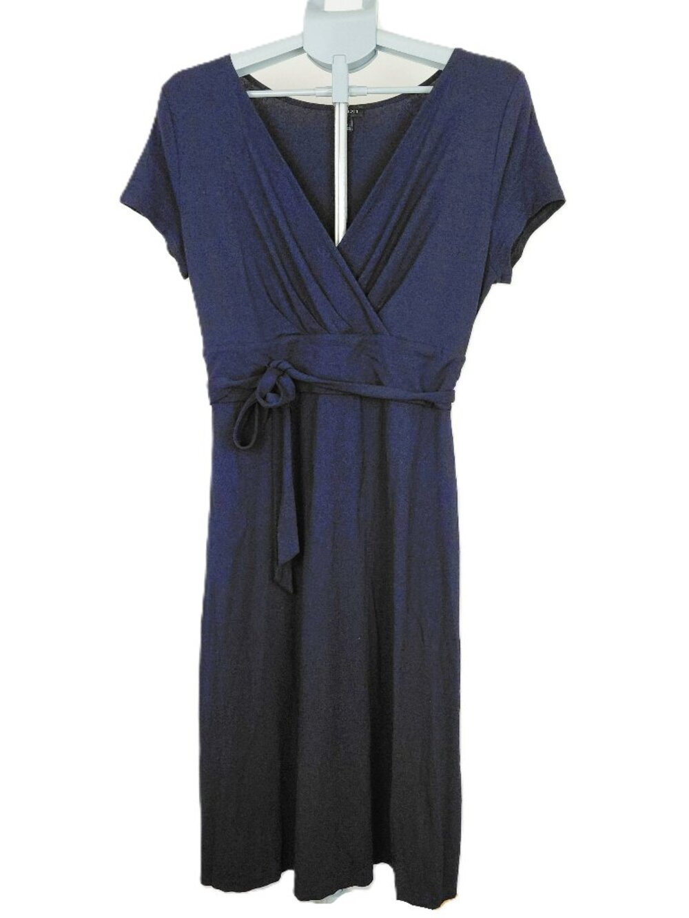 Talbots Short Sleeve Faux Wrap Midi Dress Women's Size M Navy Blue Belted